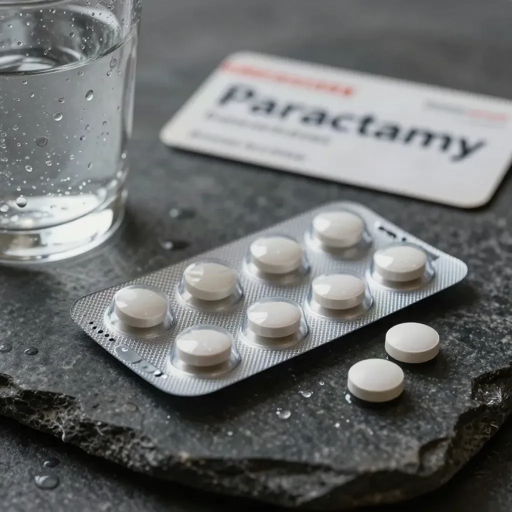 Blíster de paracetamol con dos comprimidos y vaso de agua sobre piedra húmeda.