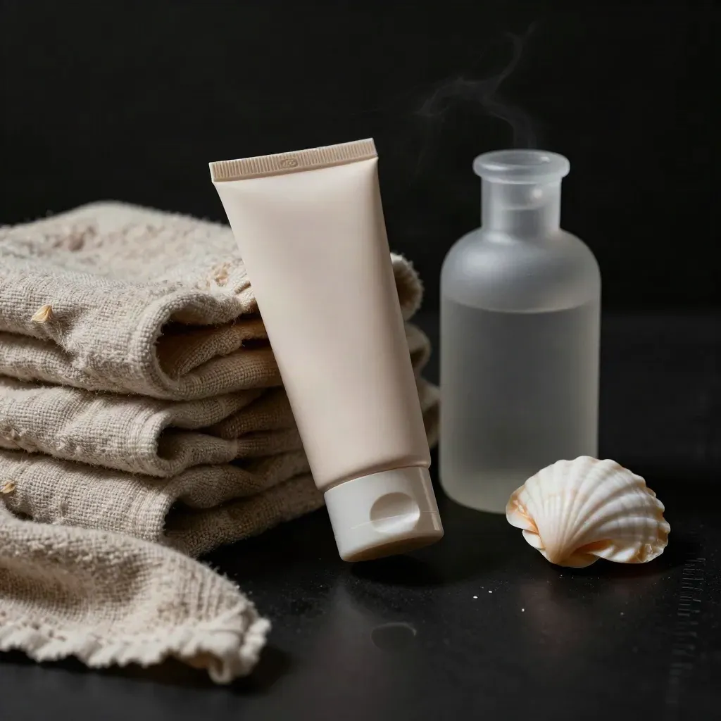 Tubo de crema facial SPF 50, toalla de lino, concha y vidrio esmerilado sobre fondo oscuro.