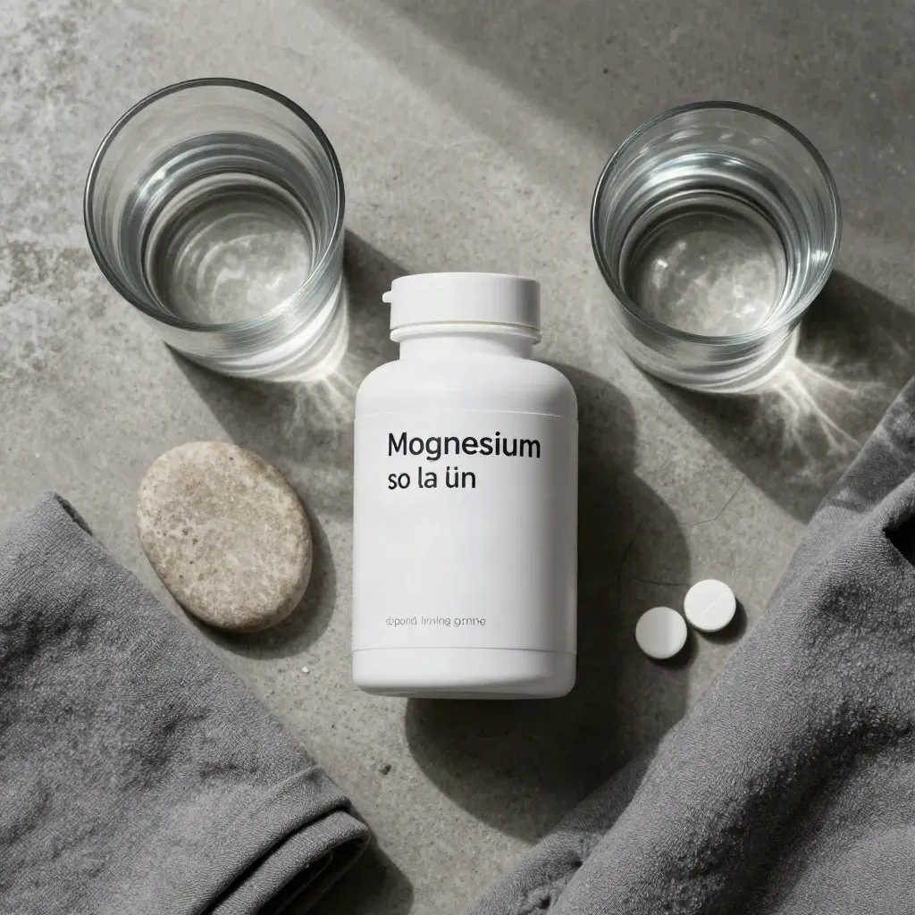 Frasco de magnesio con vaso de agua, piedra pulida y paño gris sobre concreto.