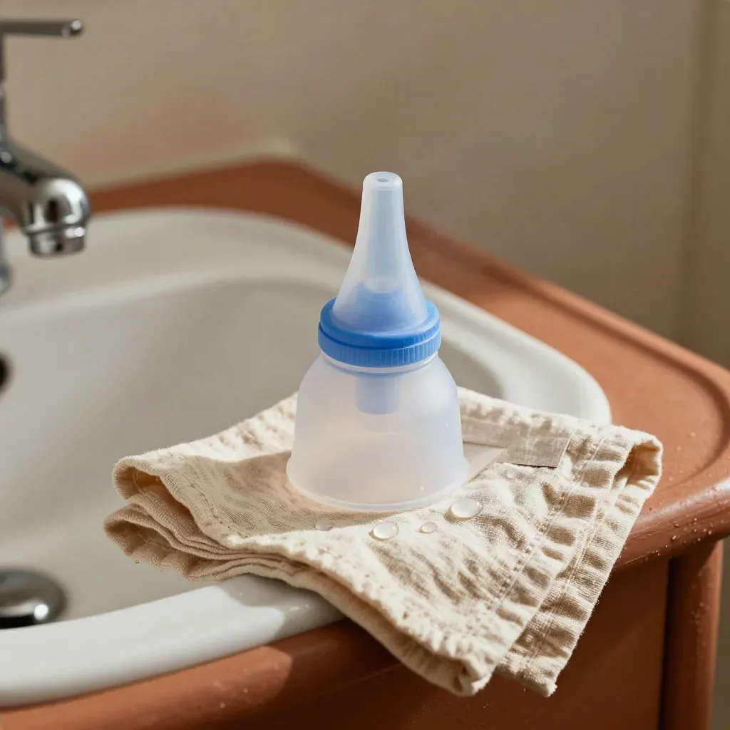 Aspirador nasal infantil de silicona con muselina y gotas sobre lavabo de baño.