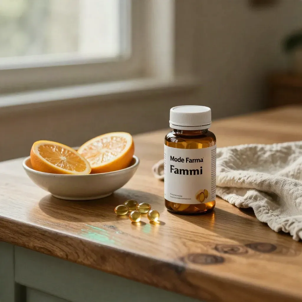 Frascos de vitaminas, cítricos y lino sobre madera miel con luz suave.